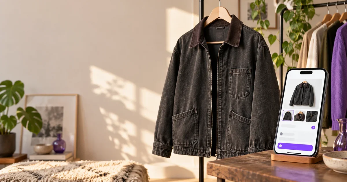 Dark denim jacket photographed beside a phone showing a clothing listing workflow