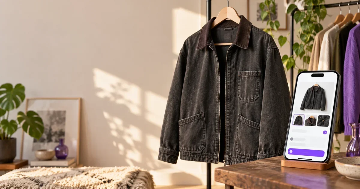 Veste en jean photographiée près d’un téléphone affichant un parcours de création d’annonce